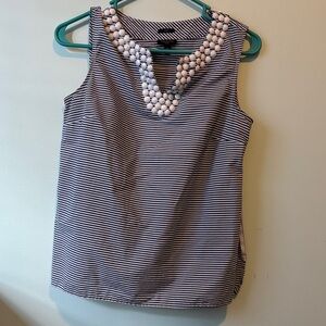 Talbots Navy and White Striped Sleeveless Blouse with Beaded Neckline